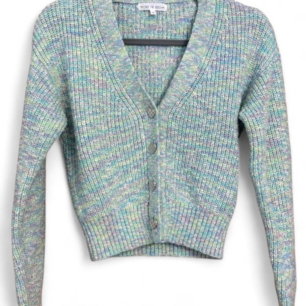 Free the Roses Heart Button Cardigan M Pastel Mint Multicolor Knit Crop Sweater